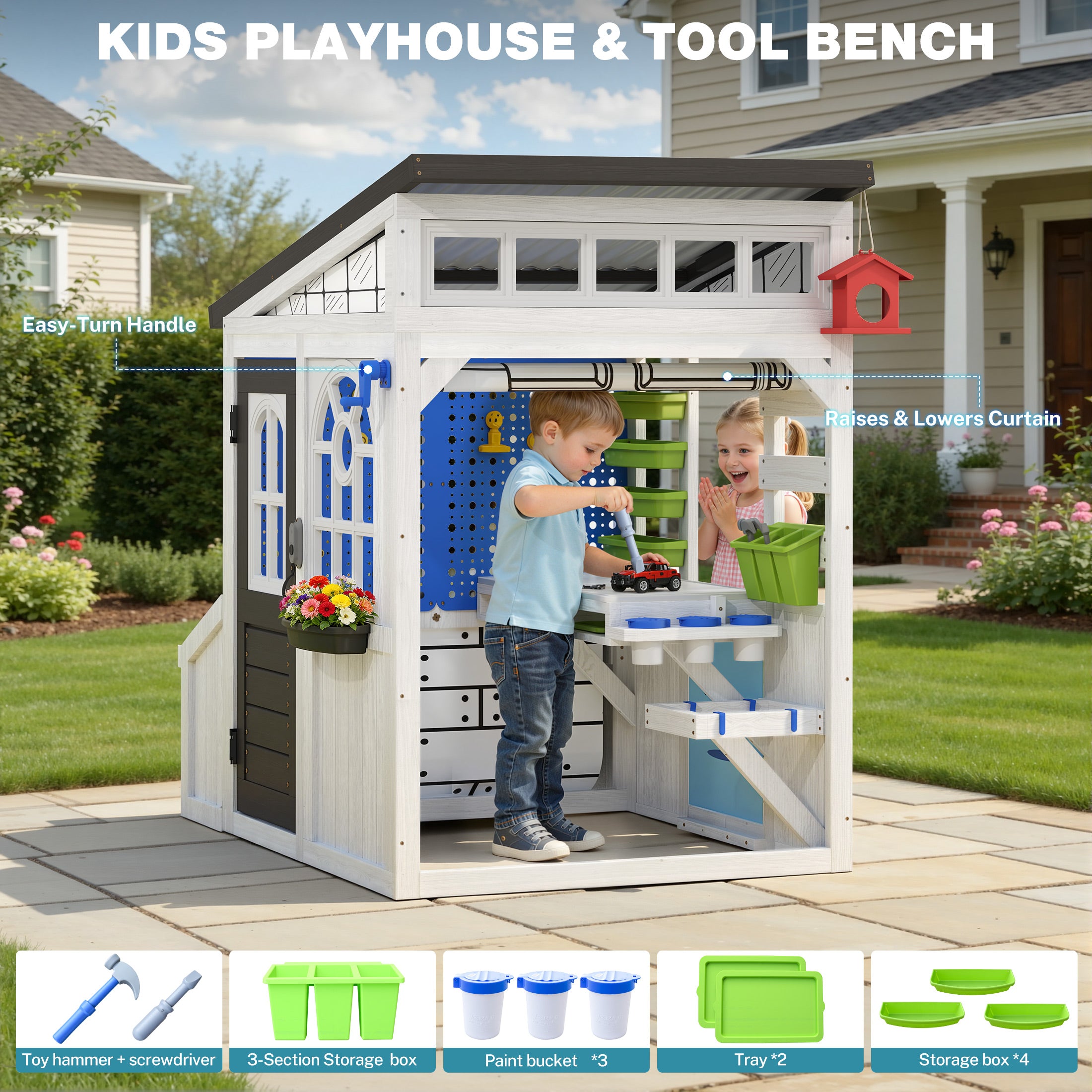 COCLUB Outdoor Wooden Playhouse with Play Tool Shed & Pegboard Play Wall, Kids Todder Ages 3+