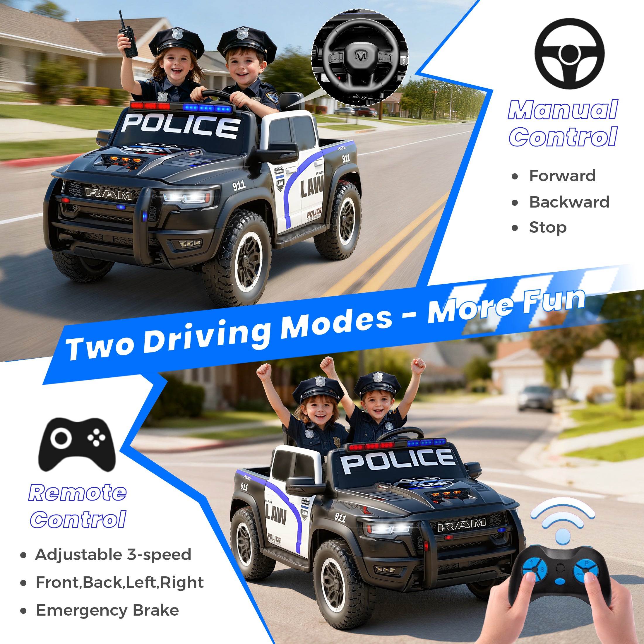COCLUB 24V 2 Seat Ride On Car for Kids, Licensed RAM RHO 1500 Powered Electric Car with 4 Wheels Spring Suspesion, Ride On Toy for 3-8 Year Boys & Girls with Remote Control, Horm, Siren, Lights