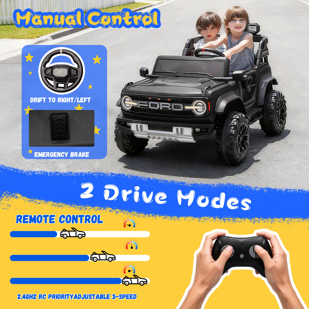 2 Seats 24V Electric Car for Big Kids, Licensed Ford Bronco Raptor Powered Ride On Car with 4 Wheels Spring Suspension, Parent Remote Control, 24V Ride On Toys for Ages 3-8 Boys Girls Gifts
