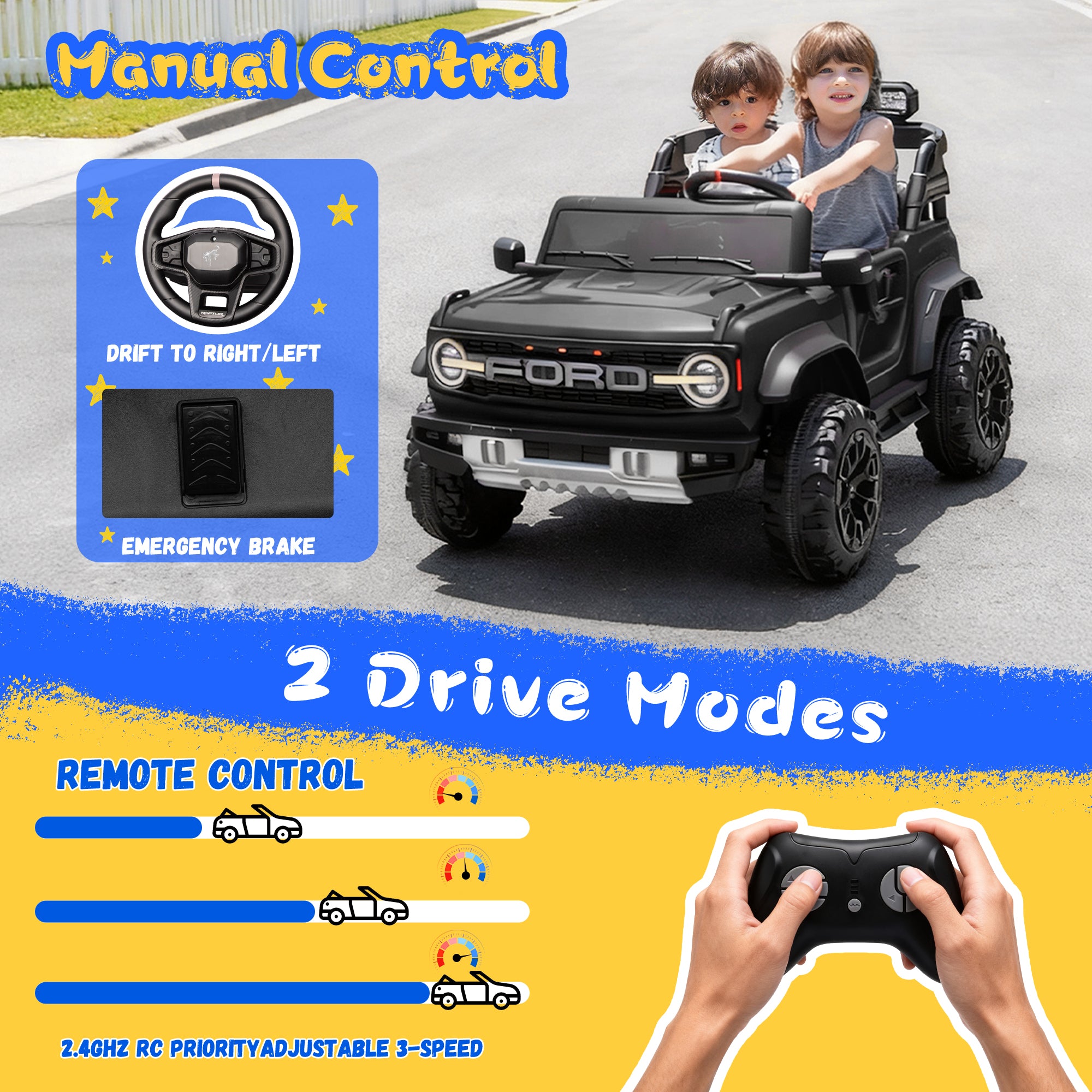 2 Seats 24V Electric Car for Big Kids, Licensed Ford Bronco Raptor Powered Ride On Car with 4 Wheels Spring Suspension, Parent Remote Control, 24V Ride On Toys for Ages 3-8 Boys Girls Gifts
