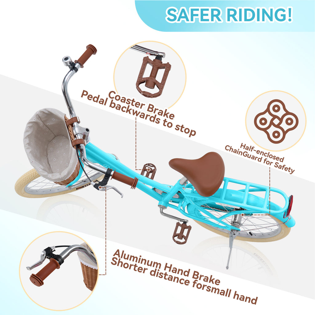 Kids Bike for Girls Ages 7-10 Years - 20" Children's Bicycle, leather Seat & Handlebars, Basket, Front Hand Brakes, Rear Coaster Brake & Safety Bell, Purple