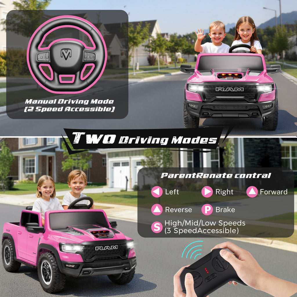 COCLUB RAM 24V Ride on Cars for Tow Kids, RAM 1500 RHO 2 Seat Battery Powered Ride on Toys with Remote Control, 4 Wheels Suspension Trunk, LED Light, MP3 Player, Electric Car for Kids Boy Girl Gift（副本）