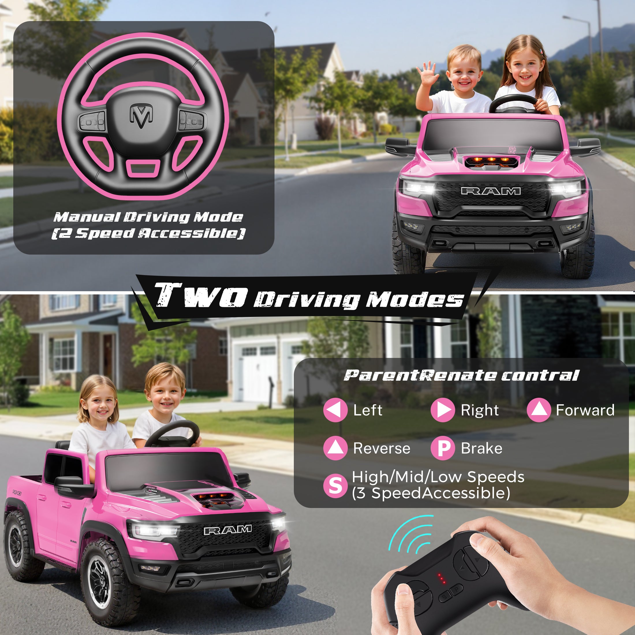 COCLUB RAM 24V Ride on Cars for Tow Kids, RAM 1500 RHO 2 Seat Battery Powered Ride on Toys with Remote Control, 4 Wheels Suspension Trunk, LED Light, MP3 Player, Electric Car for Kids Boy Girl Gift（副本）