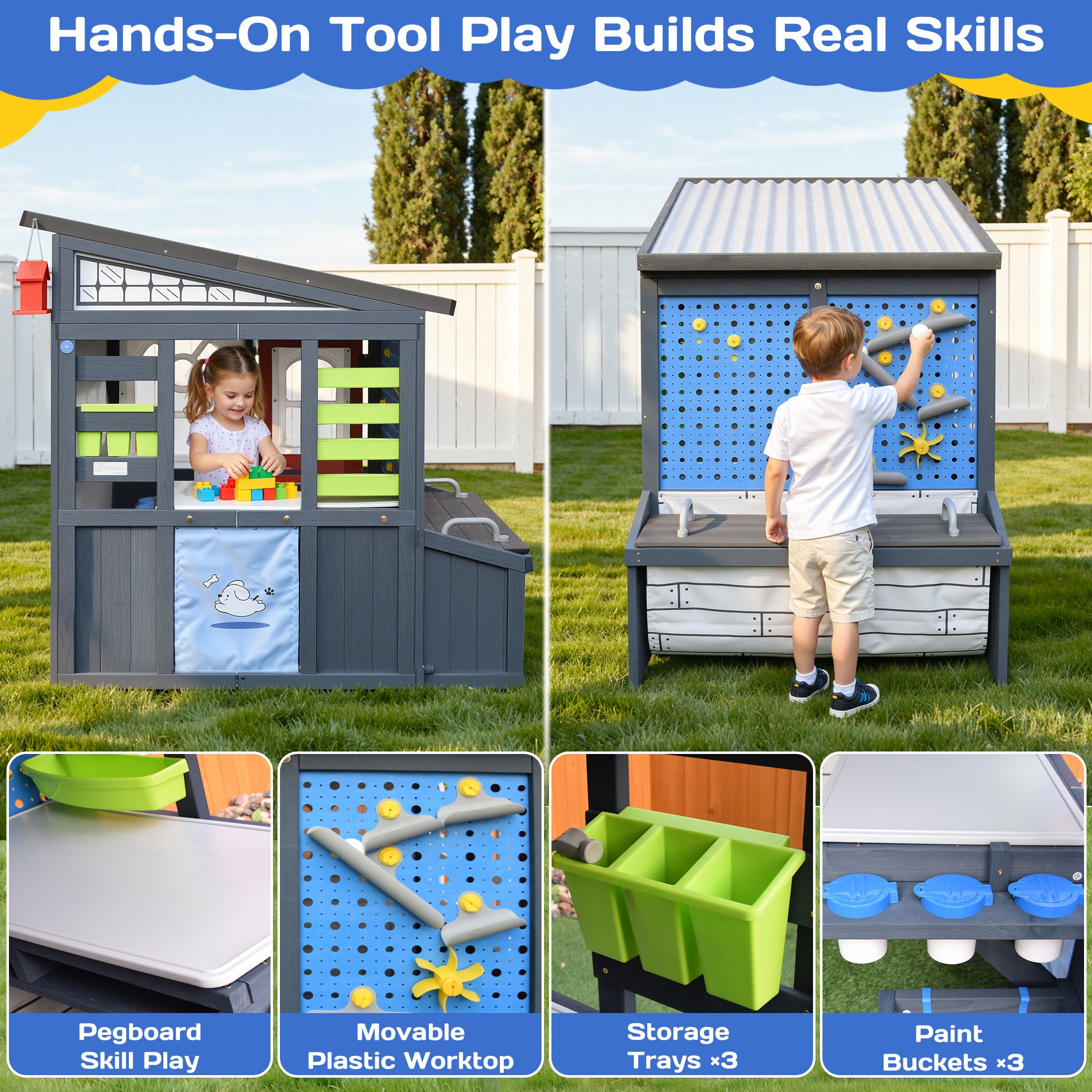 COCLUB Outdoor Tool Shed Playhouse for Kids, Wooden Play House with Workbench & Accessories, Blue and Red Toddler Play Set, Toys for Backyard