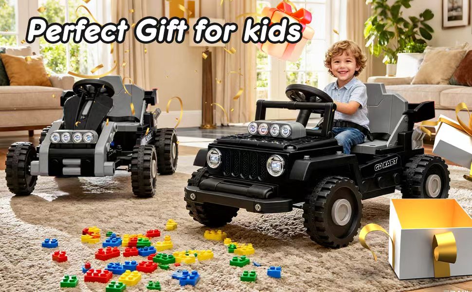 COCLUB 12V 2 Forms Block Electric Car, Power 4 Wheels Ride On Car with Remote Control, Spring Suspension, Ride On Toy for Ages 3+ Kids, Blue