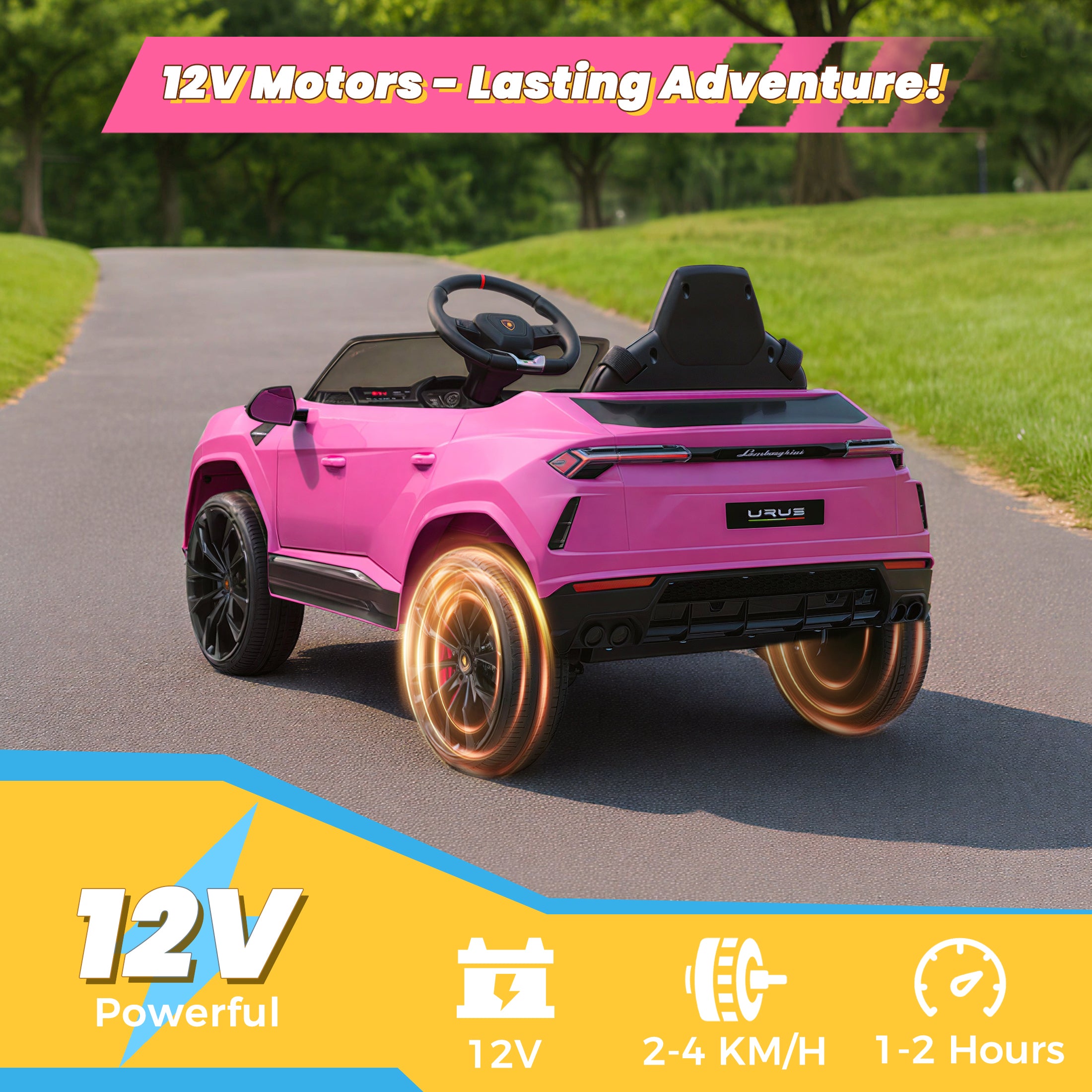 Lamborghini 12V Kids Ride On Car with Remote Control, Battery Powered Electric Car with 4 Wheels, USB, Ride On Toys for 3+ Years Olds Girls Boys, Pink