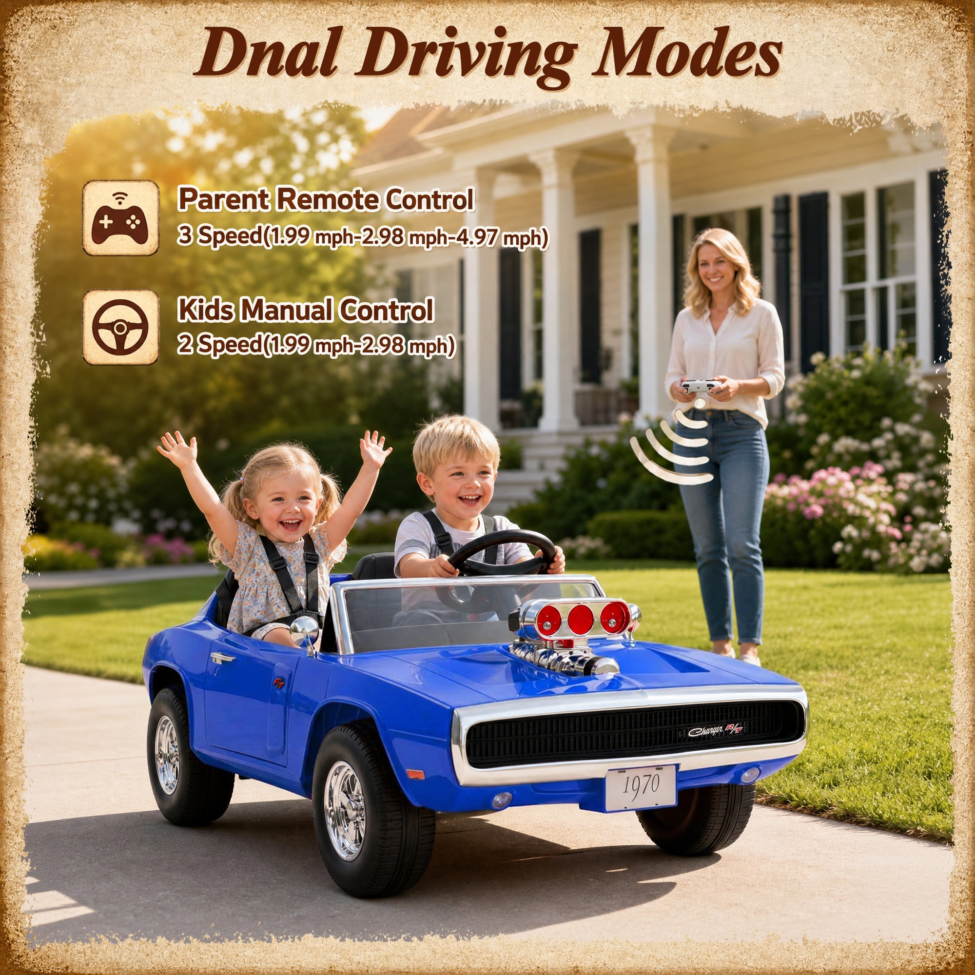 24V Ride On Car for Kids, Licensed Dodge 1970 Charger R/T Electric Car w/Parent Remote Control, Engine Spray, LED Lights, Bluetooth, MP3, 4-Wheel Spring Suspension, Ride On Toys for Ages 3+