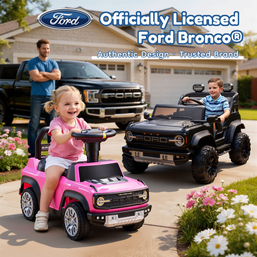 Ride On Car for Toddlers 1–3, Ford Bronco Ride On Toy with Steering Wheel, Music, Horn & Engine Sounds, Under Seat Storage, Silent Wheels, Easy Walker & Push Car for Boys & Girls, Pink