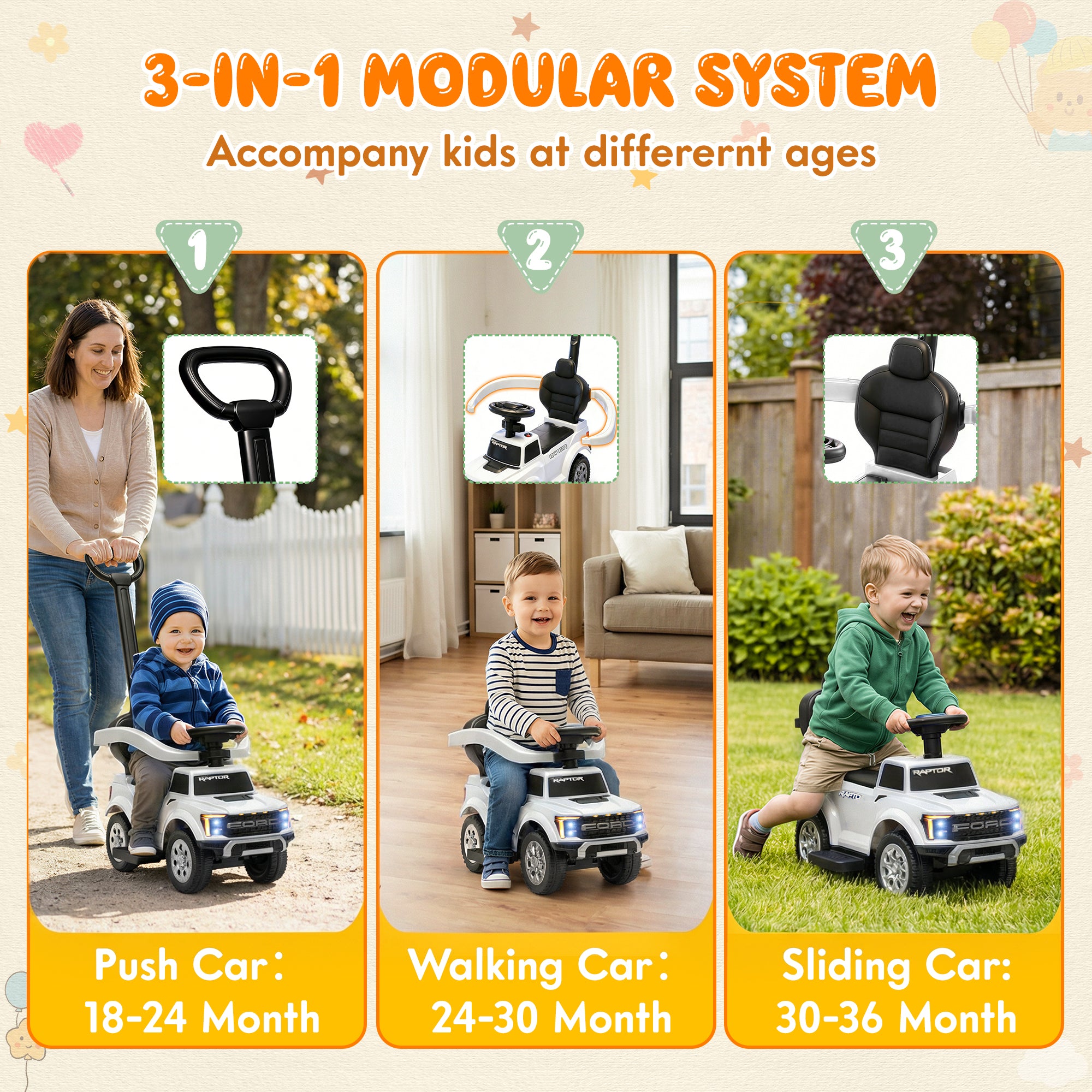 3 In 1 Push Car for Toddlers, Licensed Ford F-150 Ride On Push Car with Removable Parents Handle, Guardrails, Horn, LED Light, Kids Ride On Toy for Ages 18-36 Months, Black