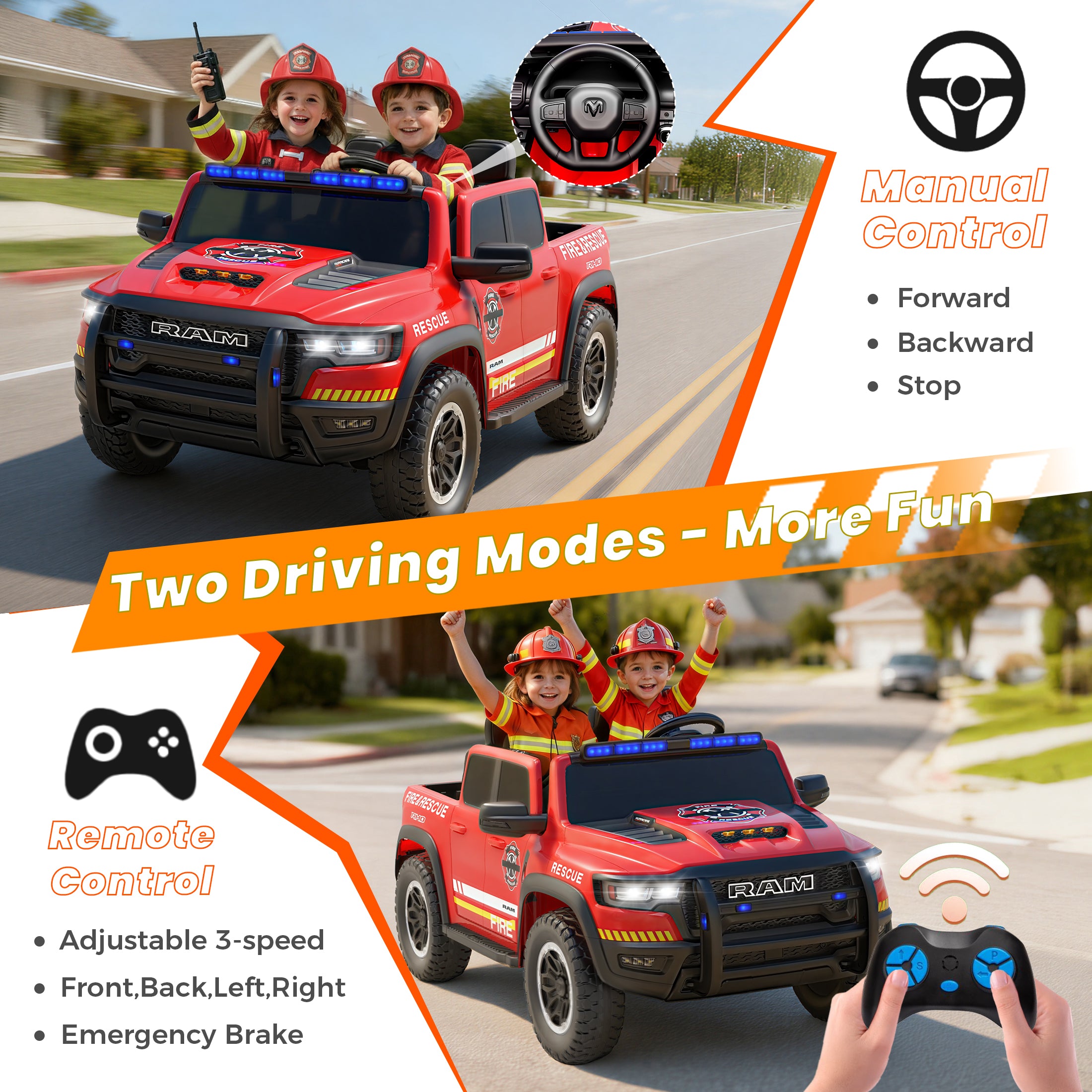 COCLUB 24V 2 Seat Ride On Car for Kids, Licensed RAM RHO 1500 Powered Electric Car with 4 Wheels Spring Suspesion, Ride On Toy for 3-8 Year Boys & Girls with Remote Control, Horm, Siren, Lights