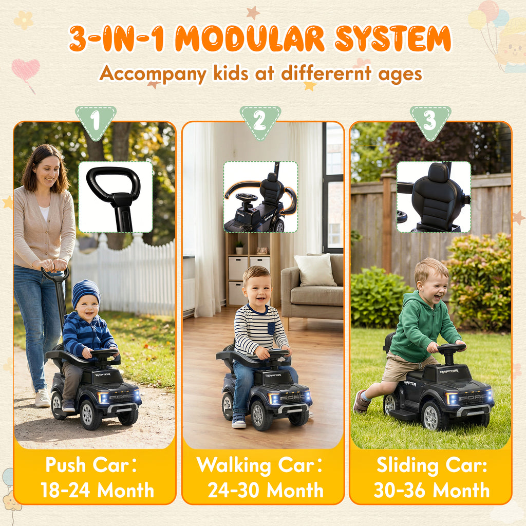 3 In 1 Push Car for Toddlers, Licensed Ford F-150 Ride On Push Car with Removable Parents Handle, Guardrails, Horn, LED Light, Kids Ride On Toy for Ages 18-36 Months, Black