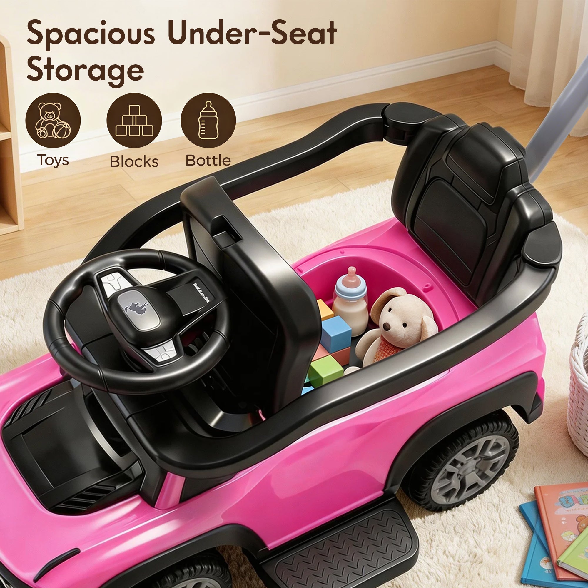 Ford Bronco 3 in 1 Push Car for Toddlers 1–3, Ride On Push Car with Parent Steering Handle, Steering Wheel, Removable Guardrail & Footrest, Music, Horn, Under Seat Storage, Silent Wheels, Pink
