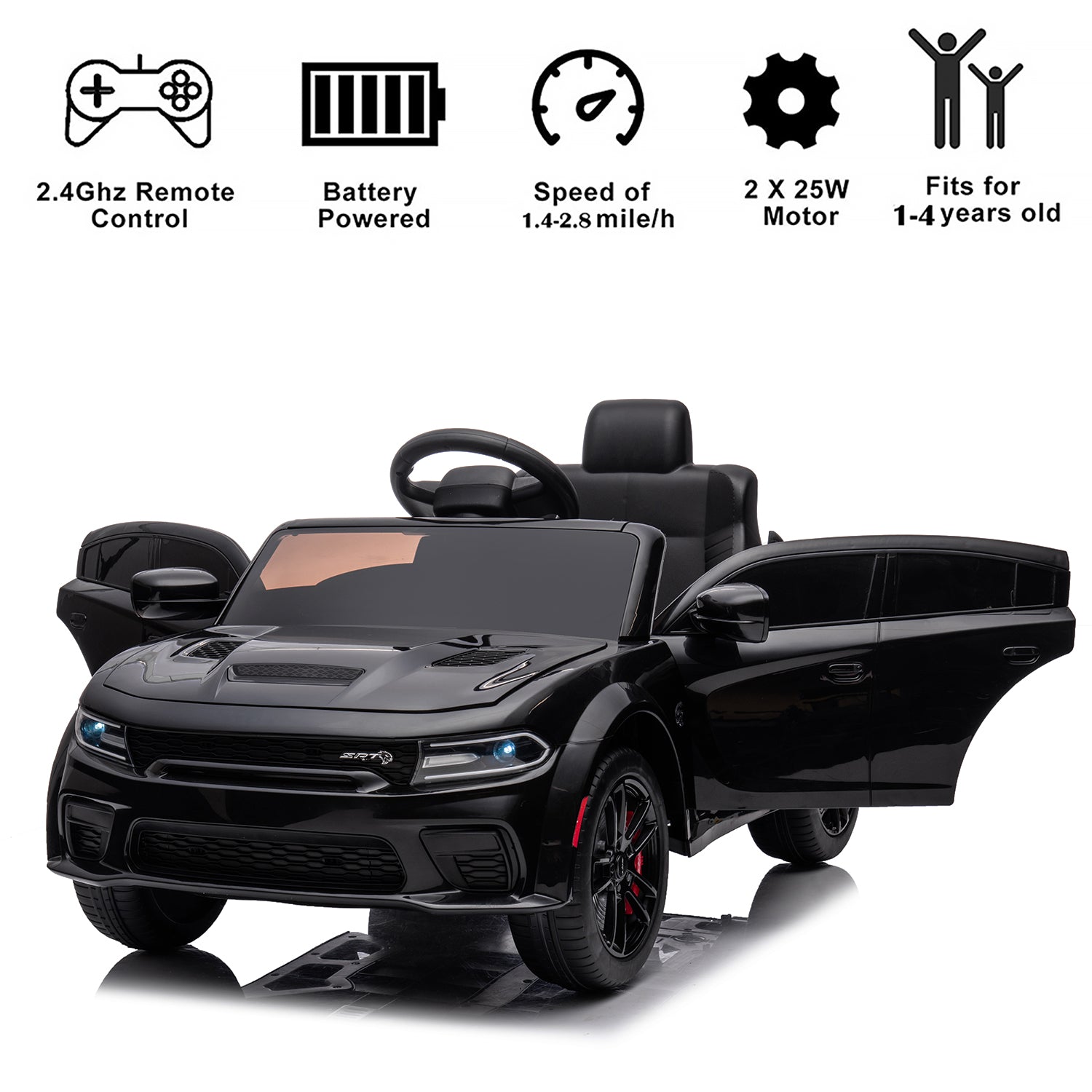 12V Ride On Car, Dodge Charger Powered Electric Car with Battery Powered, Bluetooth, Remote Control, LED Light, Ride On Toy for Ages 3+ Kids