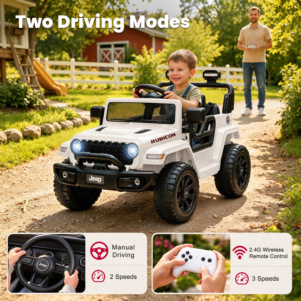 Jeep 12V Ride on Car with Remote Control/Bluetooth, Jeep Wrangler Rubicon Battery Powered Ride on Truck Toy w/Dual Wheel Suspension, Electric Car for Kids Toddler