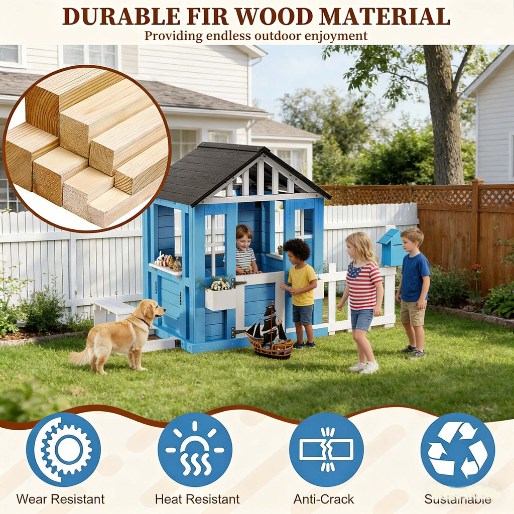 COCLUB Playhouse for Kids, Backyard Playground with Play Kitchen, Snack Bar, Picnic Bench, Dinner Bell, Mailbox, Flowerpot Holders, Outdoor Playhouses for 2 to 10 Year Olds, Wooden Clubhouse Outside