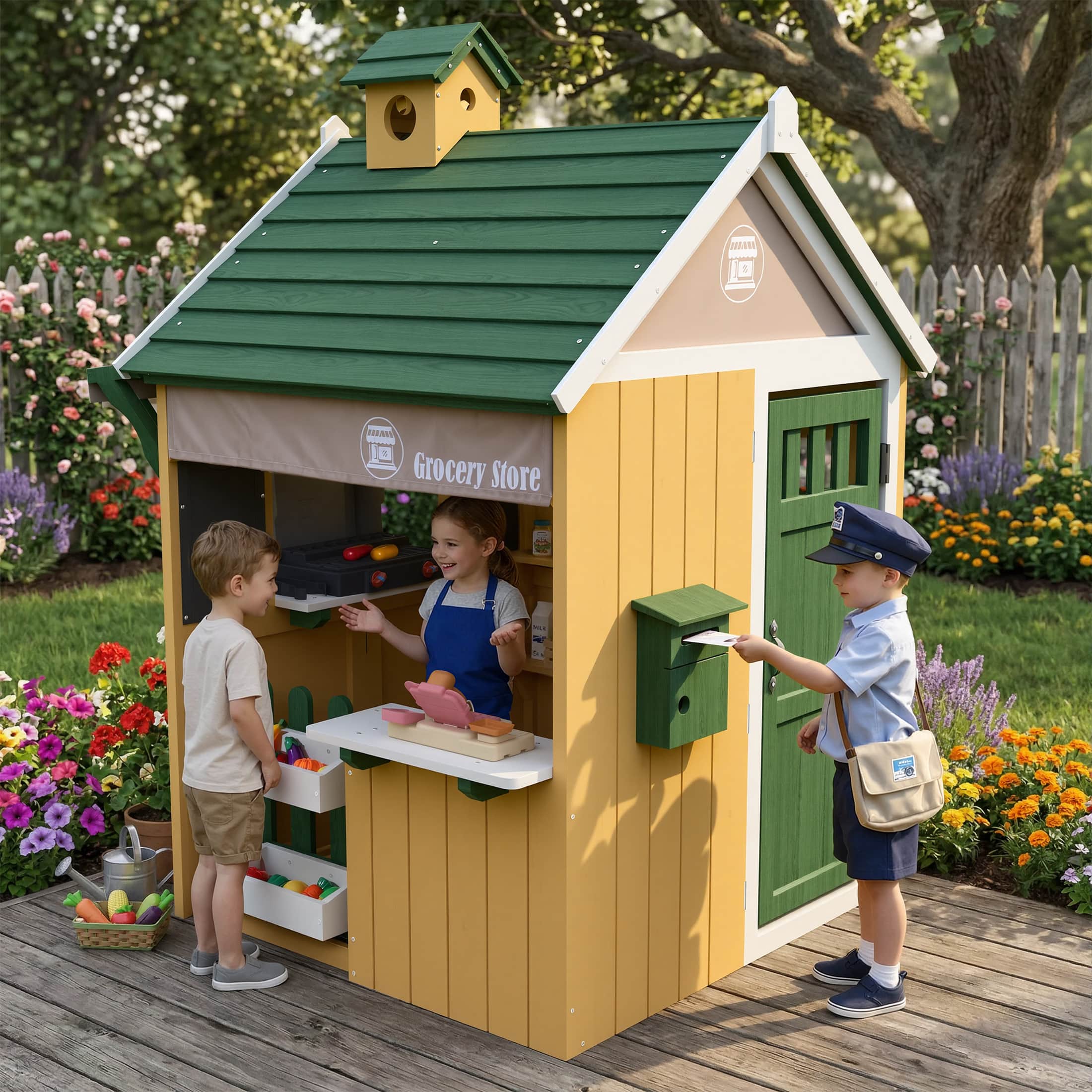 COCLUB Playhouses for Kids Outside, Grocery Store Pretend Play w/ Toy Cash Register and Pretend Food, Wood Casitas Para NiñAs w/Easy Bake Oven, Cooking Toys, Mailbox, Backyard Play House White
