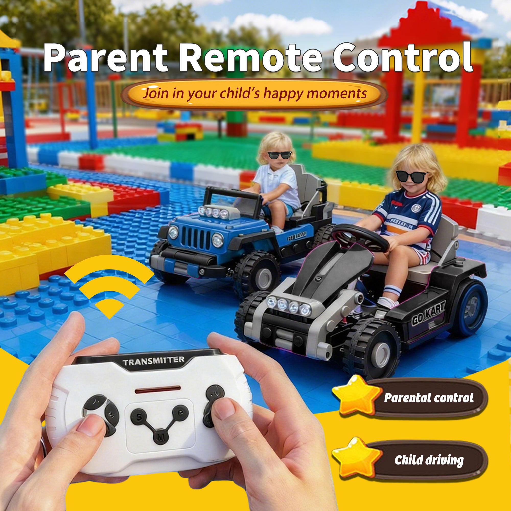 COCLUB 12V 2 Forms Block Electric Car, Power 4 Wheels Ride On Car with Remote Control, Spring Suspension, Ride On Toy for Ages 3+ Kids, Blue
