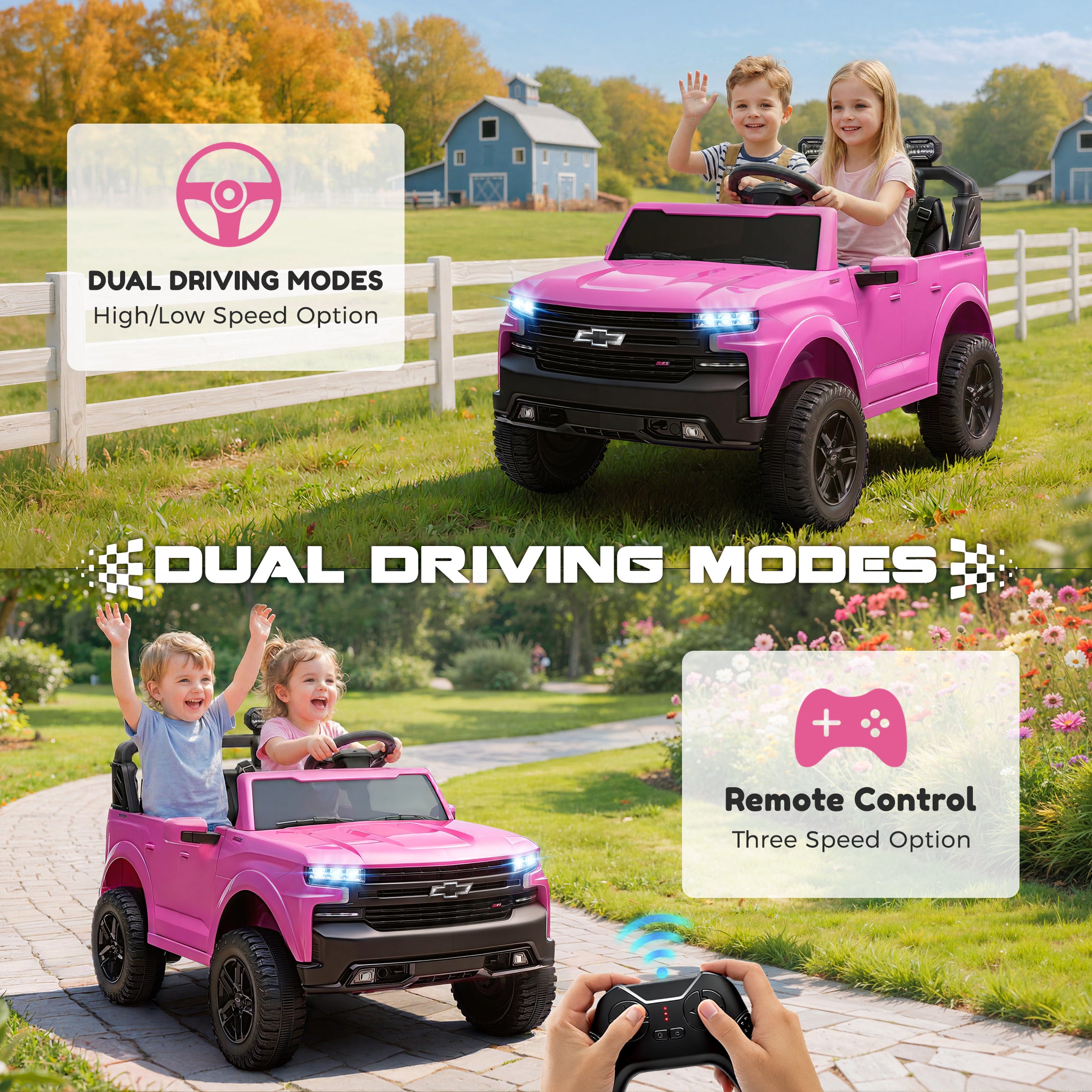 24V Ride On Car for Kids, Chevrolet Silverado 2 Seater Ride On Truck, Powered Electric Car with Remote Control, 90W Dual Motors, MP3 Bluetooth, LED, Ride On Toys for Boys Girls Ages 3–8 (Pink)