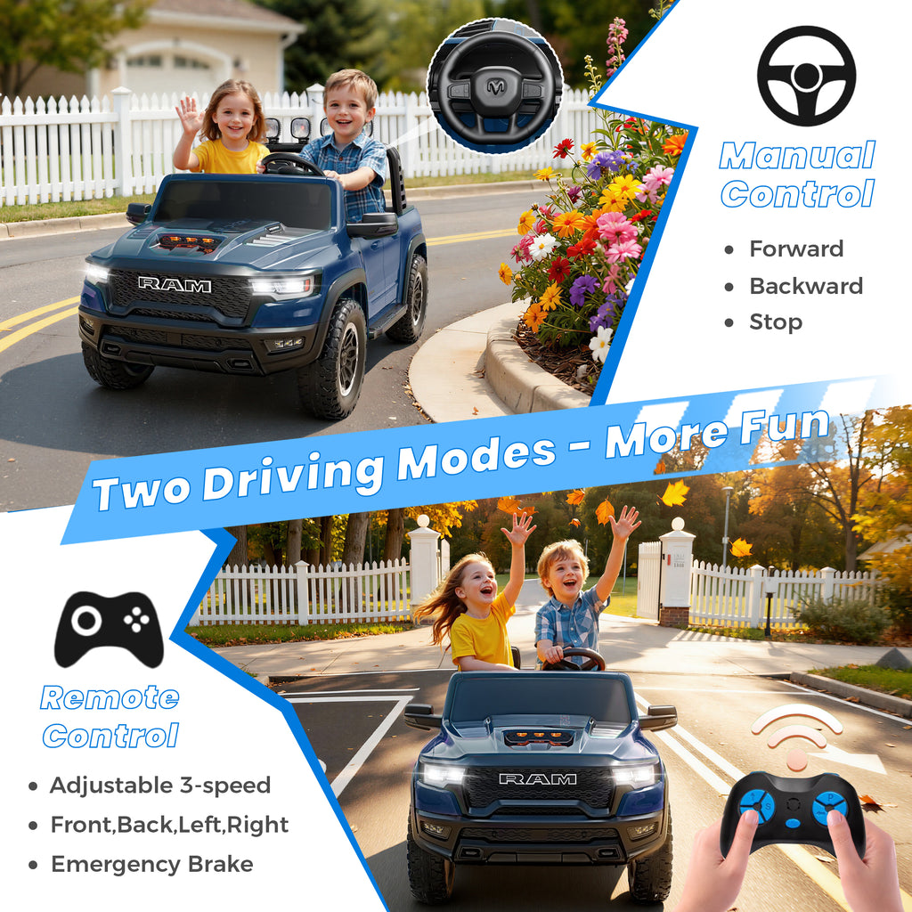 24V 2 Seats Ride On Car for Kids, Licensed RAM RHO 1500 Powered Electric Car with 4 Wheels Spring Suspesion, Ride On Toy for 3-8 Year Boys & Girls with Remote Control, Horm, Siren, LED Lights