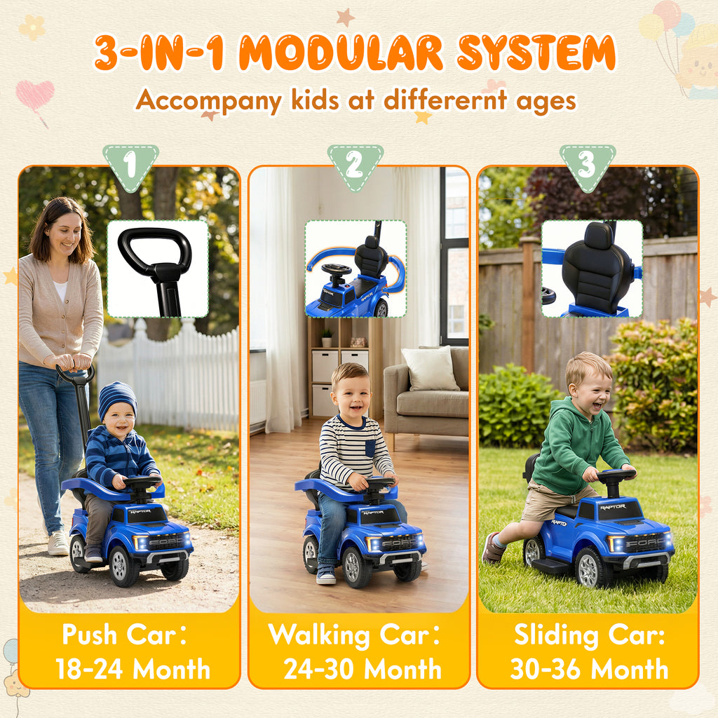 3 In 1 Push Car for Toddlers, Licensed Ford F-150 Ride On Push Car with Removable Parents Handle, Guardrails, Horn, LED Light, Kids Ride On Toy for Ages 18-36 Months, Black