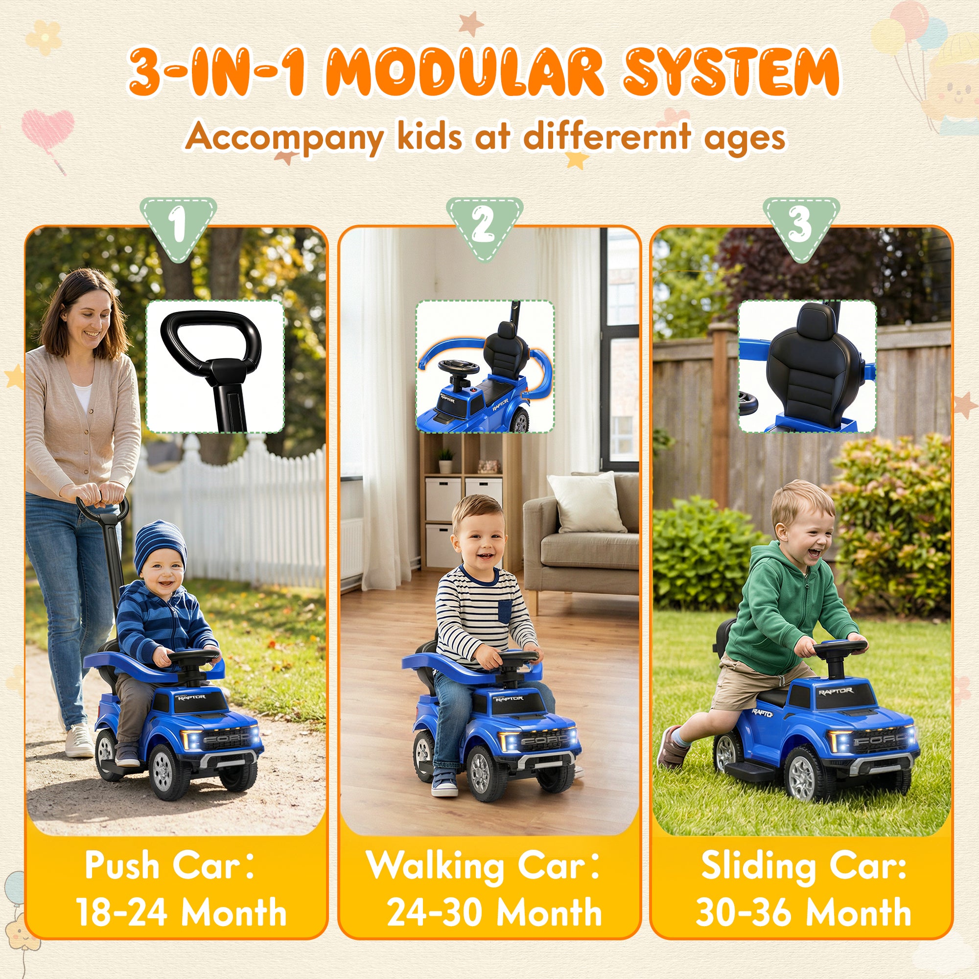 3 In 1 Push Car for Toddlers, Licensed Ford F-150 Ride On Push Car with Removable Parents Handle, Guardrails, Horn, LED Light, Kids Ride On Toy for Ages 18-36 Months, Black
