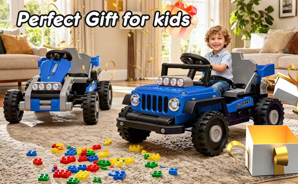 COCLUB 12V 2 Forms Block Electric Car, Power 4 Wheels Ride On Car with Remote Control, Spring Suspension, Ride On Toy for Ages 3+ Kids, Blue