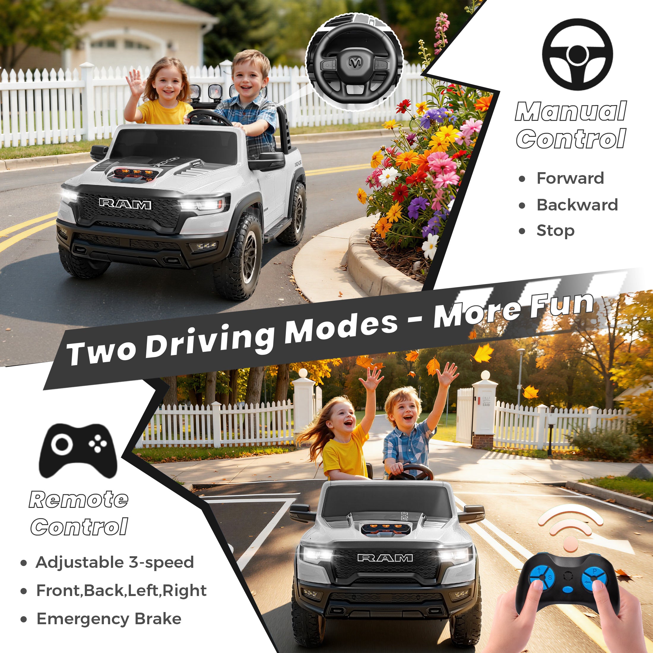 24V 2 Seats Ride On Car for Kids, Licensed RAM RHO 1500 Powered Electric Car with 4 Wheels Spring Suspesion, Ride On Toy for 3-8 Year Boys & Girls with Remote Control, Horm, Siren, LED Lights