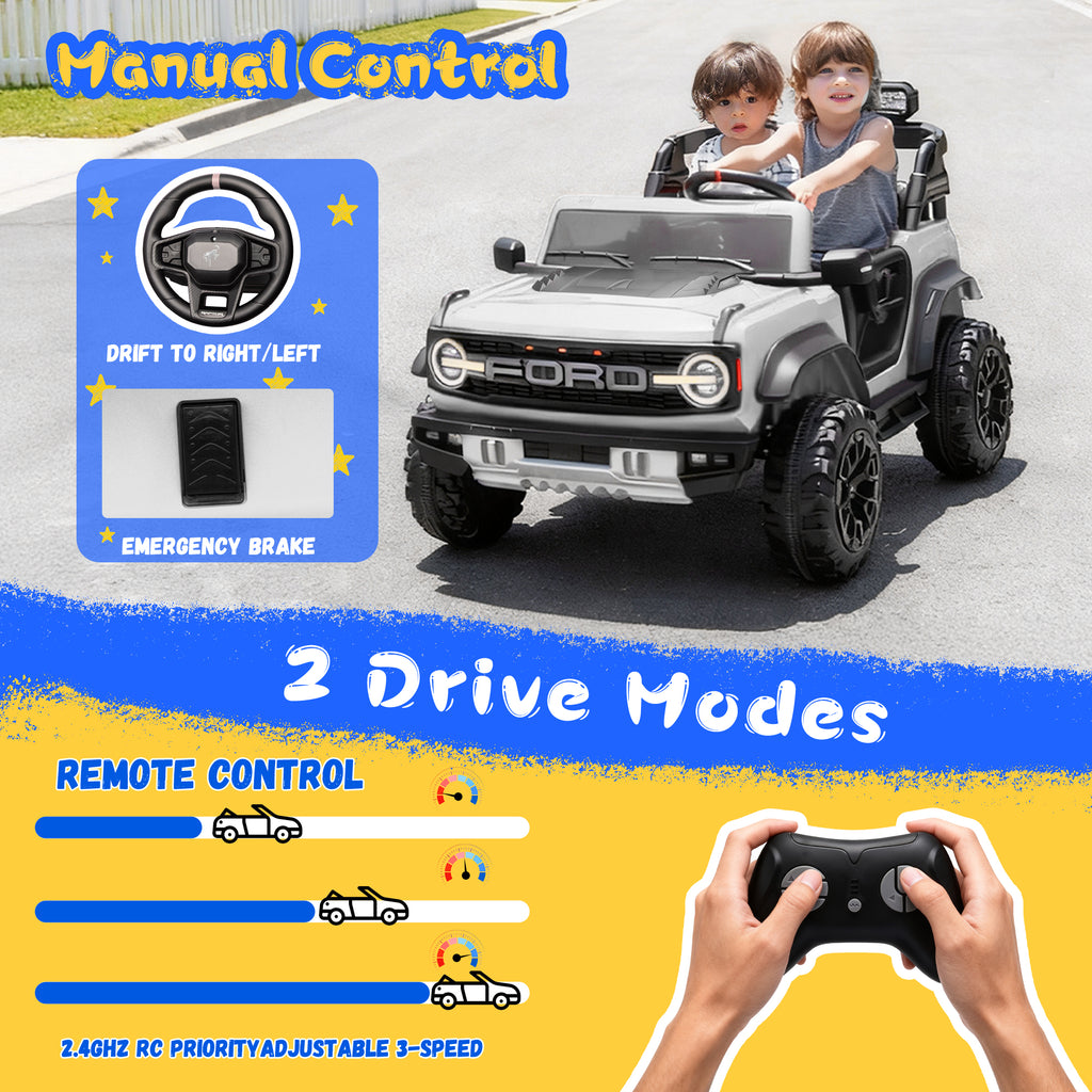 2 Seats 24V Electric Car for Big Kids, Licensed Ford Bronco Raptor Powered Ride On Car with 4 Wheels Spring Suspension, Parent Remote Control, 24V Ride On Toys for Ages 3-8 Boys Girls Gifts
