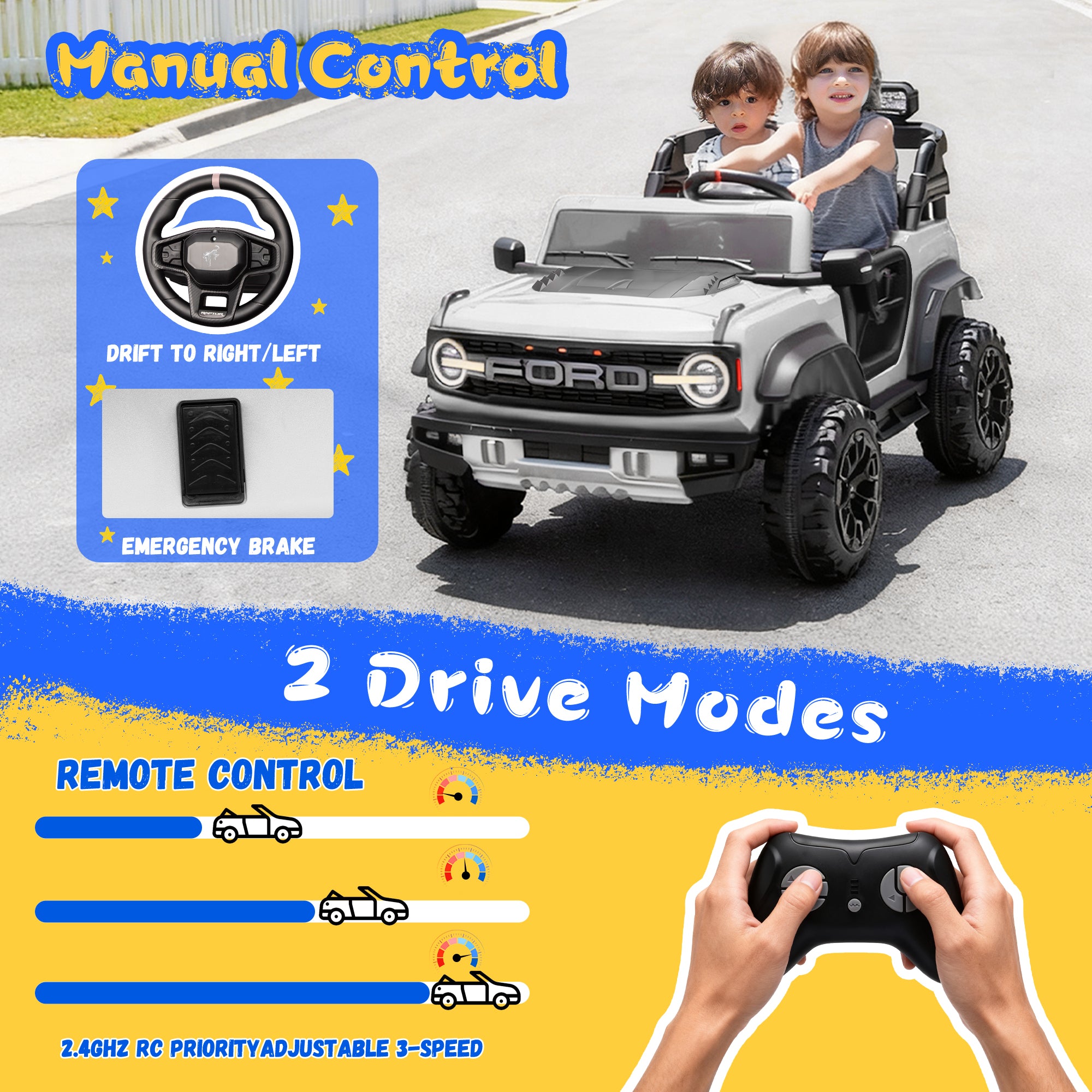 2 Seats 24V Electric Car for Big Kids, Licensed Ford Bronco Raptor Powered Ride On Car with 4 Wheels Spring Suspension, Parent Remote Control, 24V Ride On Toys for Ages 3-8 Boys Girls Gifts