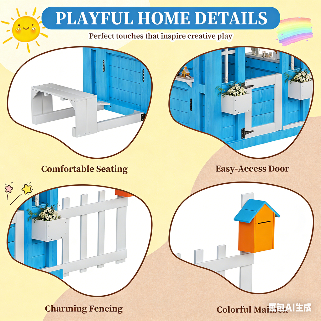 COCLUB Playhouse for Kids, Backyard Playground with Play Kitchen, Snack Bar, Picnic Bench, Dinner Bell, Mailbox, Flowerpot Holders, Outdoor Playhouses for 2 to 10 Year Olds, Wooden Clubhouse Outside