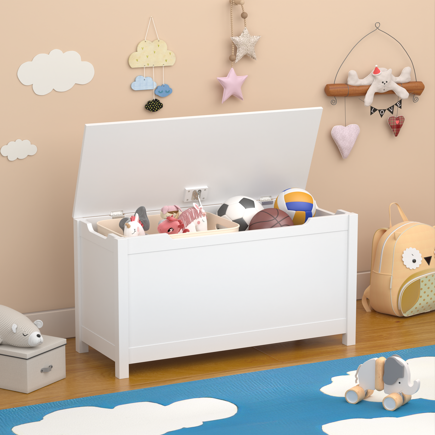 UHOMEPRO Toy Boxes Storage Bench, Wood Toy Chests Organizer with Safety Hinges, Storage Containers for Kids' Bedroom Furniture