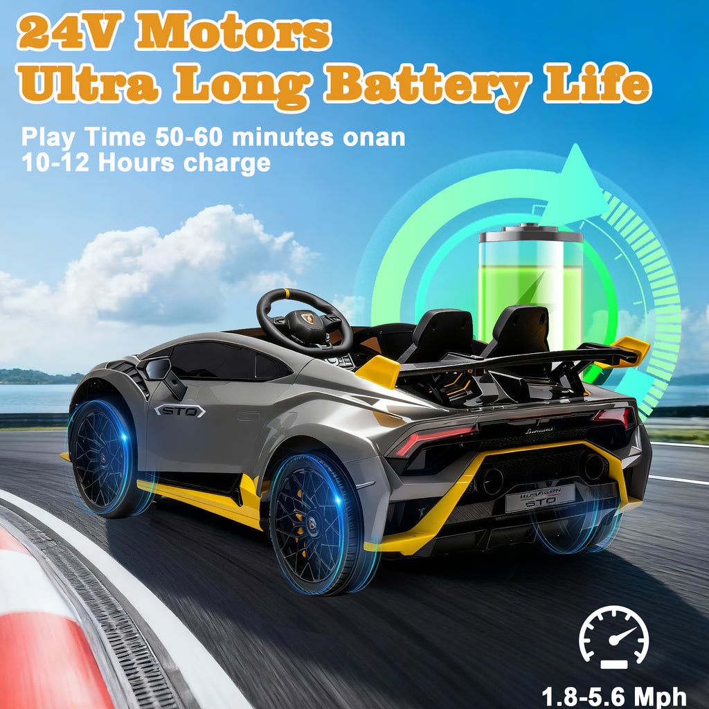 Lamborghini 24V Kids Electric Car, Licensed Huracan Sto Battery Powered Ride On Car with 4 Wheels Spring Suspension for Age 3-8, Remote Control Ride On Toys Speeds 1.86-5.59 MPH, LED Lights