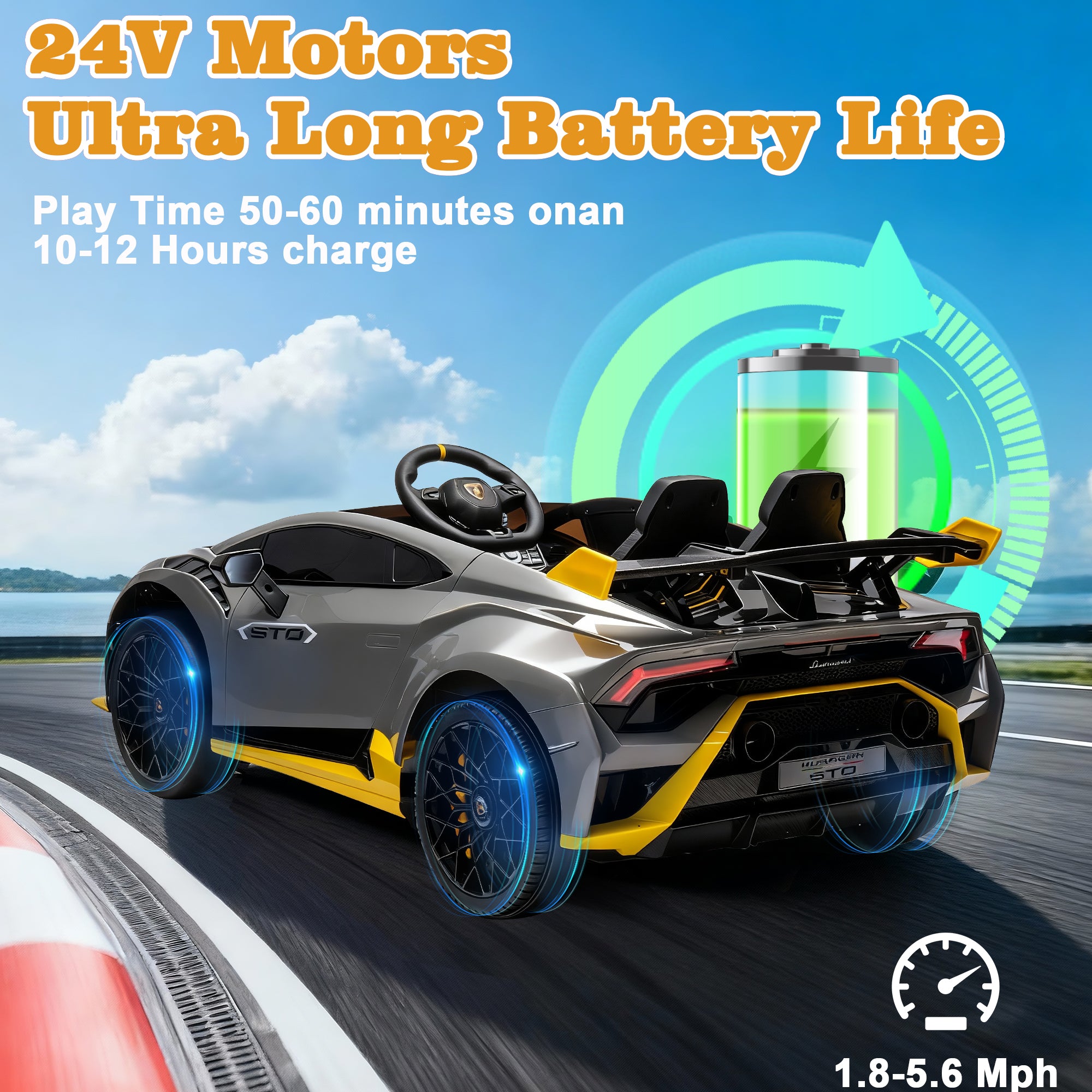 Lamborghini 24V Kids Electric Car, Licensed Huracan Sto Battery Powered Ride On Car with 4 Wheels Spring Suspension for Age 3-8, Remote Control Ride On Toys Speeds 1.86-5.59 MPH, LED Lights