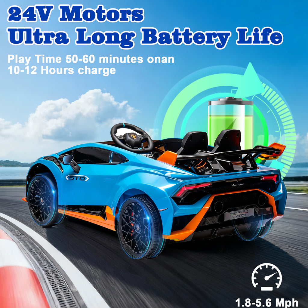 Lamborghini 24V Kids Electric Car, Licensed Huracan Sto Battery Powered Ride On Car with 4 Wheels Spring Suspension for Age 3-8, Remote Control Ride On Toys Speeds 1.86-5.59 MPH, LED Lights