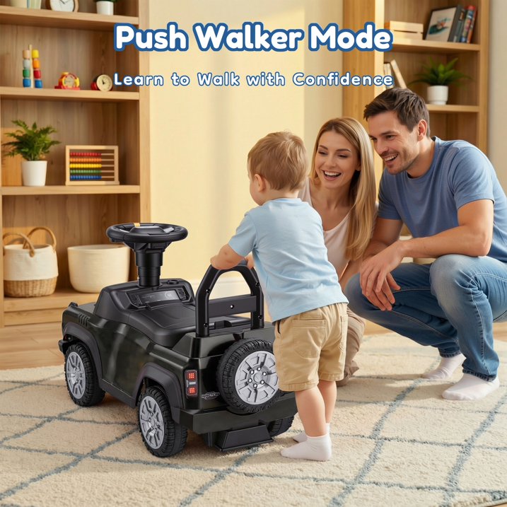 Push Car for Toddlers 1–3, Ford Bronco Ride On Toy with Steering Wheel, Music, Horn & Engine Sounds, LED Lights, Under Seat Storage, Silent Wheels, Easy Push Ride On Car for Boys & Girls, Black