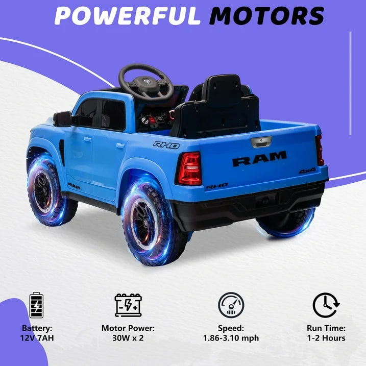 RAM 1500 Ride on Truck Cars, 12V Powered Ride on Toys with Remote Control, 4 Wheel Suspension Electric Cars for 3-5 Yrs Boy Girl W/Key Switch, Safety Belt, Music, Bluetooth, LED Lights, Blue