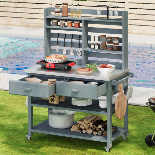 Uhomepro 64.9"H Outdoor Potting Bench Table with Lockable Wheels, Solid Wood Outdoor Kitchen Island with Upper Hutch, Stainless Steel Top, Towel Rack ,Outdoor Storage for Grilling, Lawn Garden -Brown