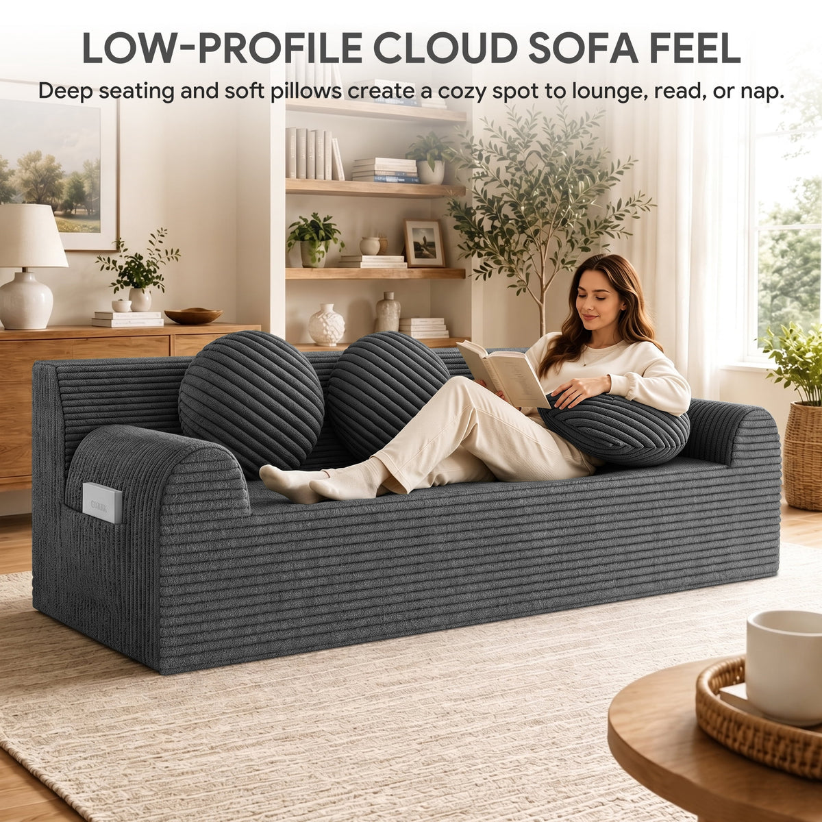 UHOMEPRO 71" Small Cloud Couch, 3 Seater Sofa with High Density Foam, No Assembly Low Profile Floor Couch for Bedroom, Apartment, 1200lbs, Deep Gray