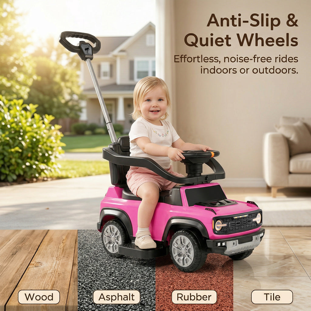 Ford Bronco 3 in 1 Push Car for Toddlers 1–3, Ride On Push Car with Parent Steering Handle, Steering Wheel, Removable Guardrail & Footrest, Music, Horn, Under Seat Storage, Silent Wheels, Pink