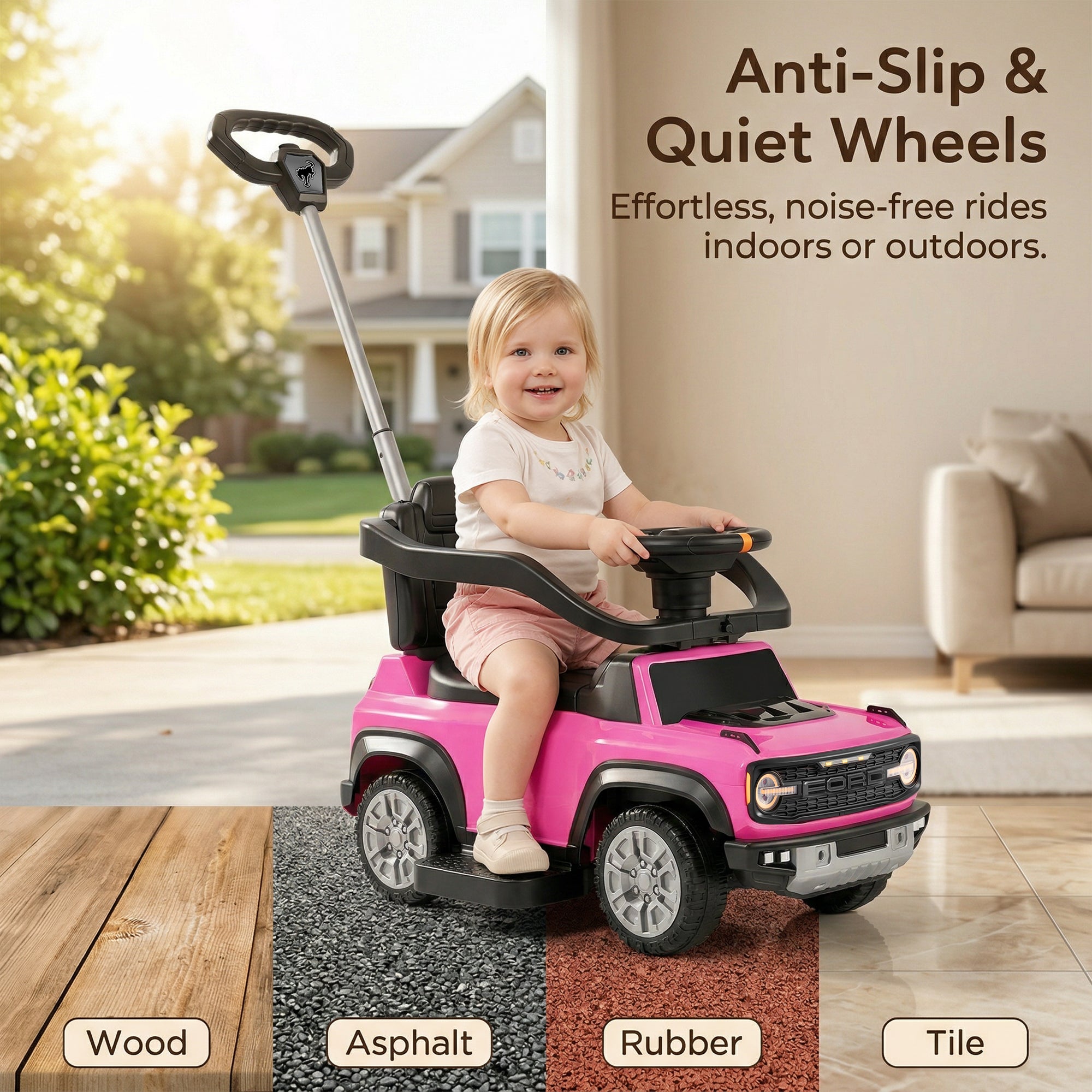Ford Bronco 3 in 1 Push Car for Toddlers 1–3, Ride On Push Car with Parent Steering Handle, Steering Wheel, Removable Guardrail & Footrest, Music, Horn, Under Seat Storage, Silent Wheels, Pink