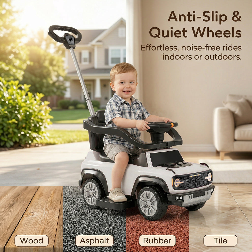 Ford Bronco 3 in 1 Push Car for Toddlers 1–3, Ride On Push Car with Parent Steering Handle, Steering Wheel, Removable Guardrail & Footrest, Music, Horn, Under Seat Storage, Silent Wheels, White