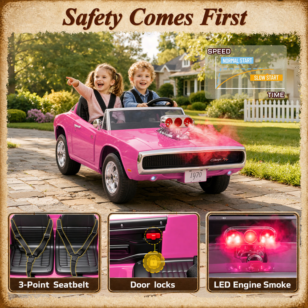 24V Ride On Car for Kids, Licensed Dodge 1970 Charger R/T Electric Car w/Parent Remote Control, Engine Spray, LED Lights, Bluetooth, MP3, 4-Wheel Spring Suspension, Ride On Toys for Ages 3+