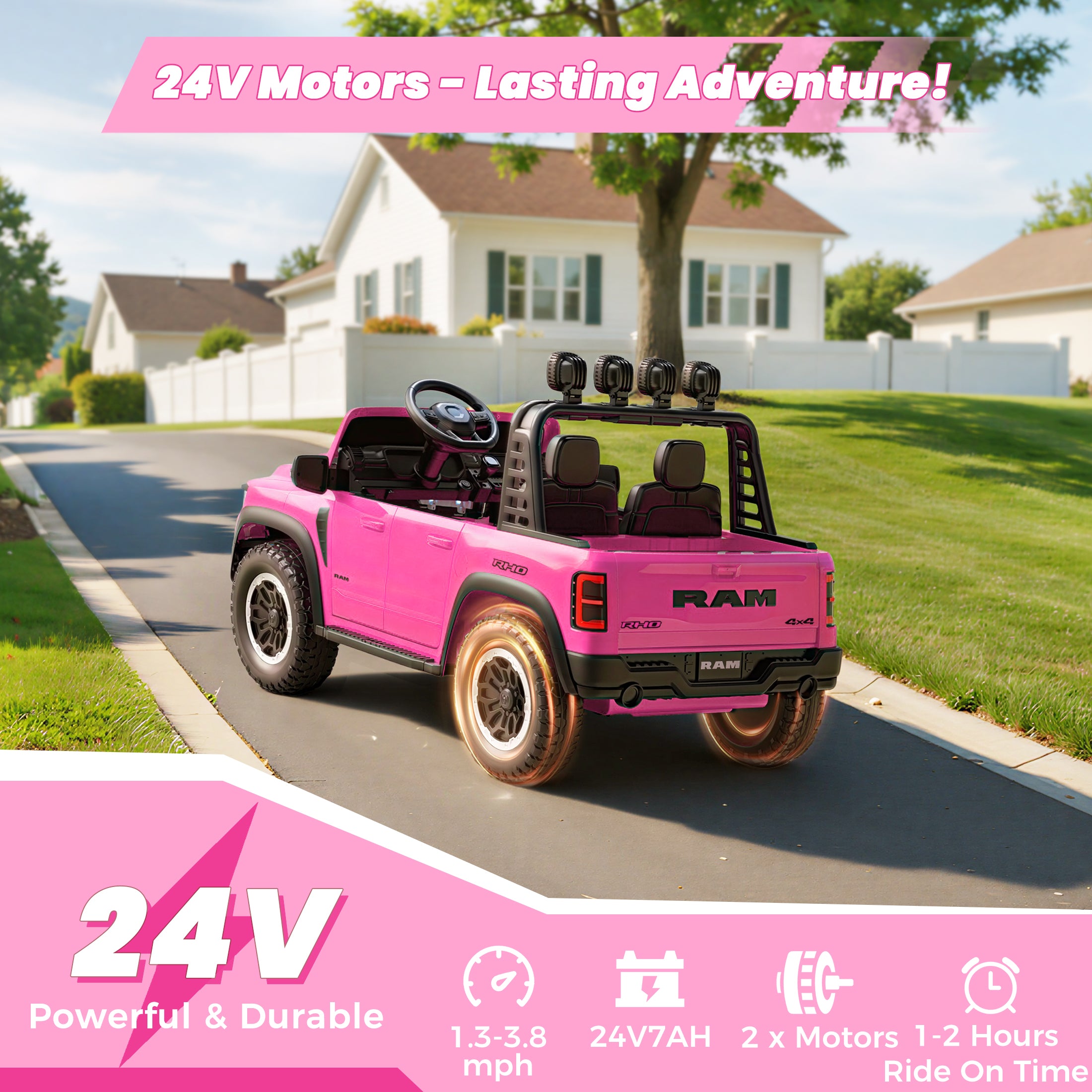 24V 2 Seats Ride On Car for Kids, Licensed RAM RHO 1500 Powered Electric Car with 4 Wheels Spring Suspesion, Ride On Toy for 3-8 Year Boys & Girls with Remote Control, Horm, Siren, LED Lights