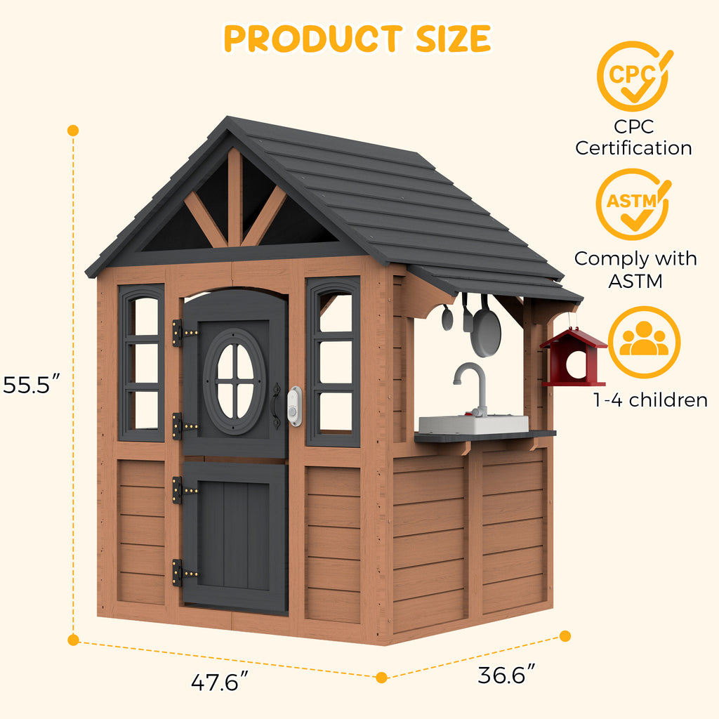 COCLUB Kids Outdoor Playhouse, Wooden Playhouse with Play Kitchen, Working Doorbell, Bird Cage, Pet Door, Backyard Casa de CampañA Para NiñOs Country Style