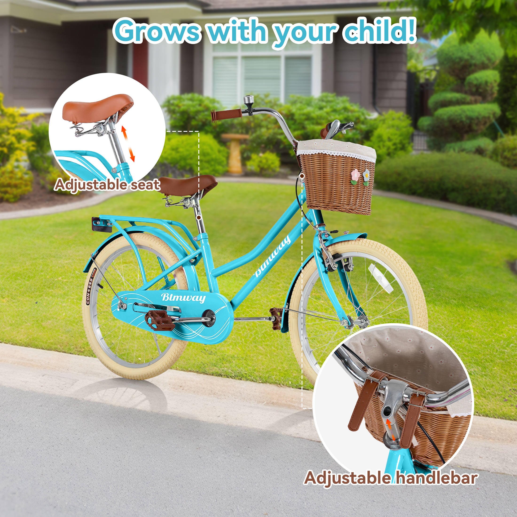 Kids Bike for Girls Ages 7-10 Years - 20" Children's Bicycle, leather Seat & Handlebars, Basket, Front Hand Brakes, Rear Coaster Brake & Safety Bell, Purple