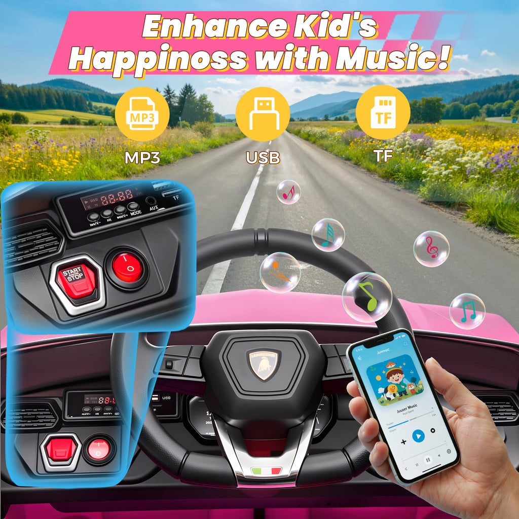 Lamborghini 12V Kids Ride On Car with Remote Control, Battery Powered Electric Car with 4 Wheels, USB, Ride On Toys for 3+ Years Olds Girls Boys, Pink