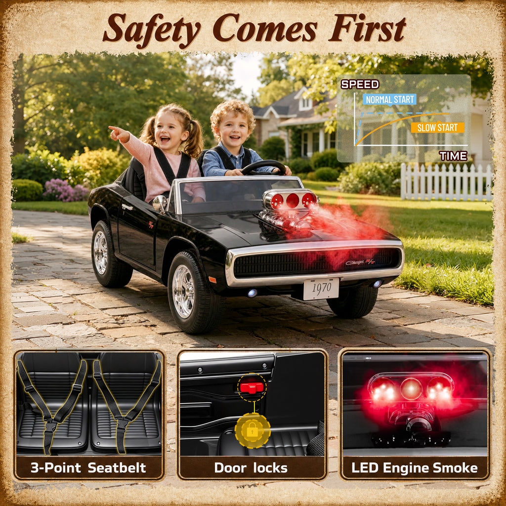 24V Ride On Car for Kids, Licensed Dodge 1970 Charger R/T Electric Car w/Parent Remote Control, Engine Spray, LED Lights, Bluetooth, MP3, 4-Wheel Spring Suspension, Ride On Toys for Ages 3+
