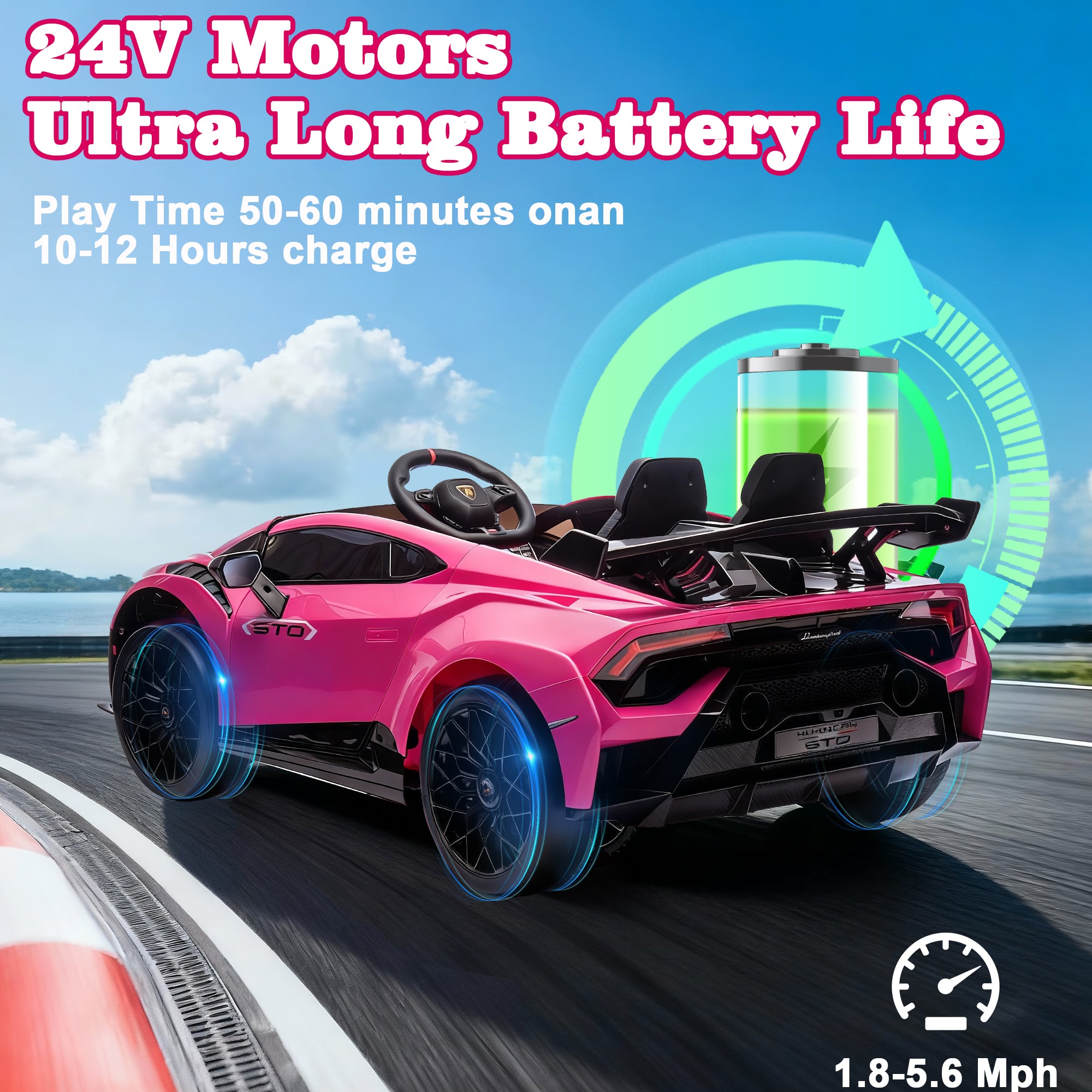 Lamborghini 24V Kids Electric Car, Licensed Huracan Sto Battery Powered Ride On Car with 4 Wheels Spring Suspension for Age 3-8, Remote Control Ride On Toys Speeds 1.86-5.59 MPH, LED Lights