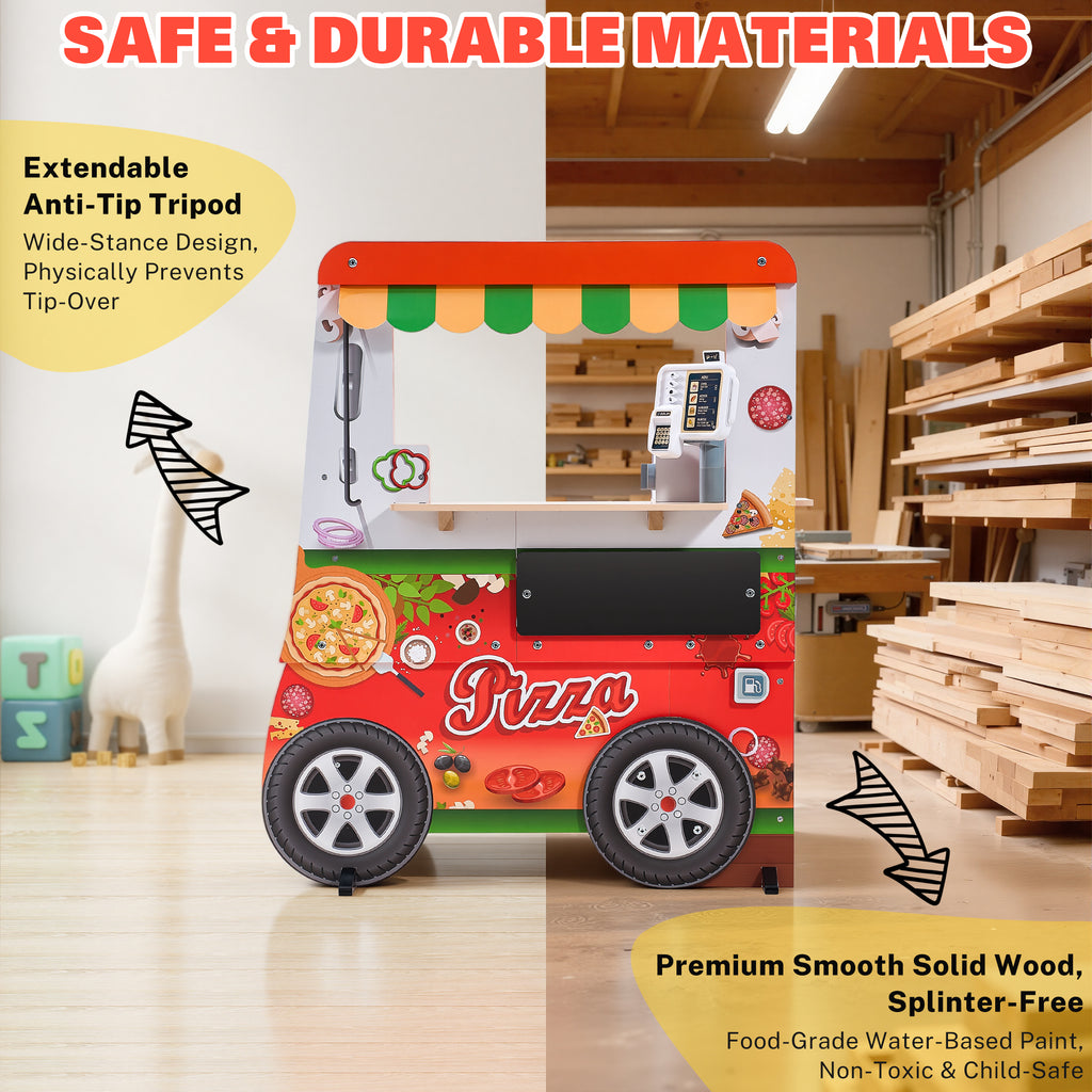 Wooden Pizza Food Truck Toy for Kids, 3 in 1 Pretend Play Kitchen with Ice Cream Cart & Grill, Kids Pizza Cart with Play Food & Menu Board, Montessori Role Wooden Pizza Shop Playset for Ages 3+, Red