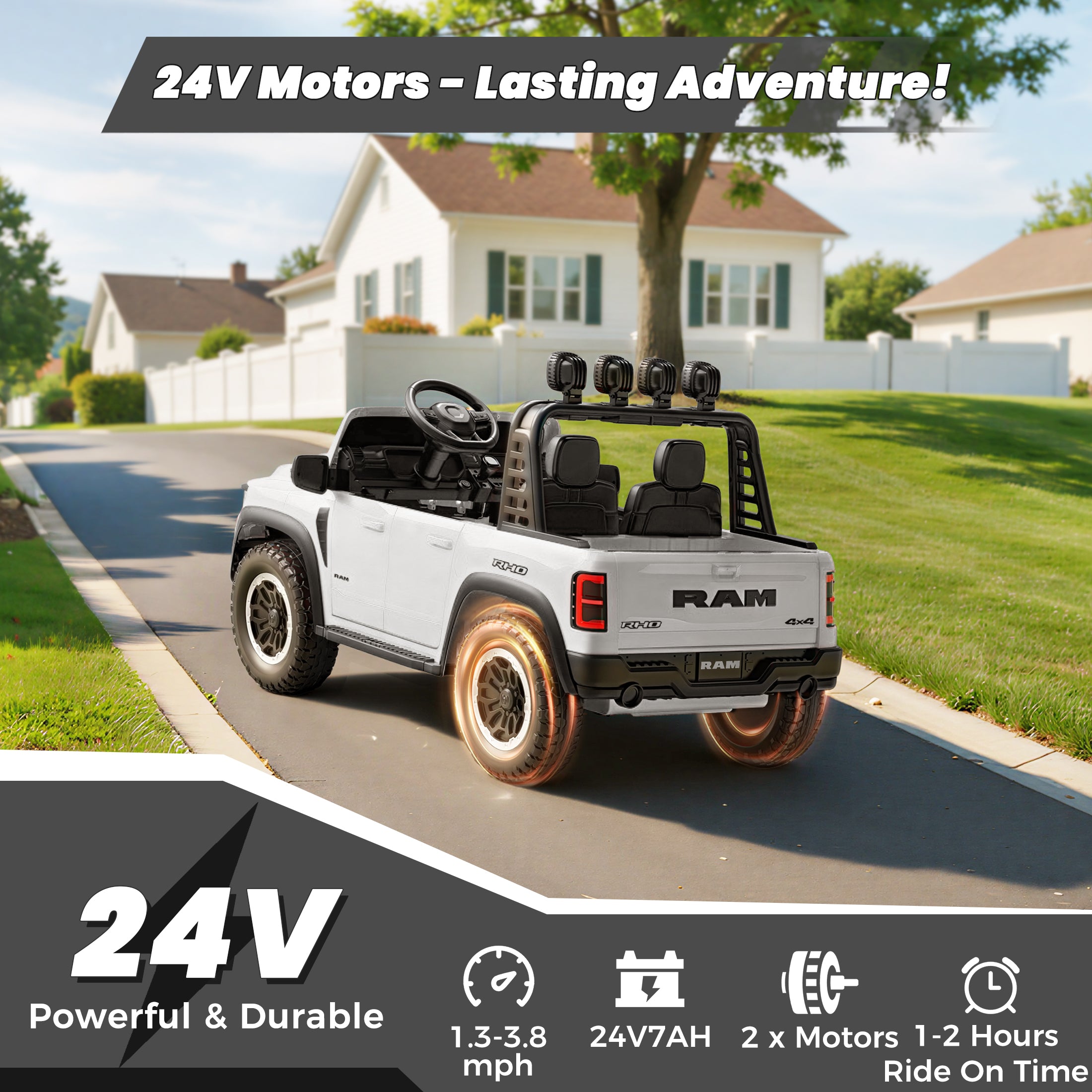 24V 2 Seats Ride On Car for Kids, Licensed RAM RHO 1500 Powered Electric Car with 4 Wheels Spring Suspesion, Ride On Toy for 3-8 Year Boys & Girls with Remote Control, Horm, Siren, LED Lights